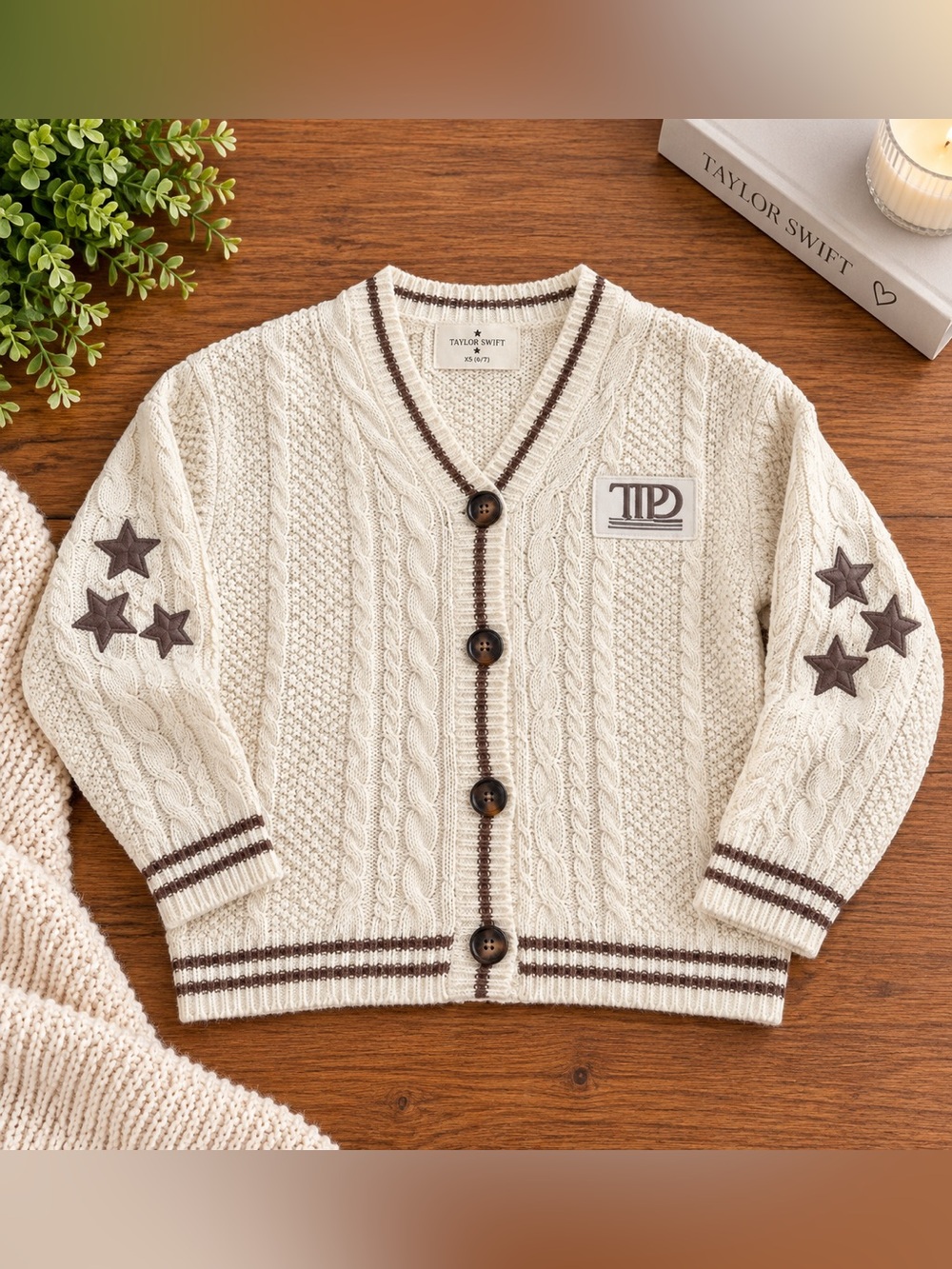 NWOT Taylor Swift TTPD Cream Cable-Knit Kids Cardigan with Star Patches